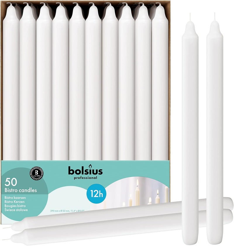 BOLSIUS White Candlesticks Bulk Pack 50 Count - Unscented Dripless 11.5 Inch Household & Dinner Candle Set - 12+ Burn Hours - Premium European Quality - Consistent Smokeless Flame - 100% Cotton Wick - Image 1